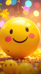 Radiant Smiley Face Illustration with Pixelated Details and Bokeh Lights Warm Golden Hour Background