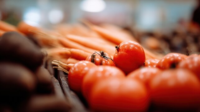 Fresh Produce Display Featuring Ripe Tomatoes, Vibrant Carrots, and Dark Potatoes at a Grocery Store - Powered by Adobe