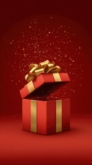 Red Gift Box with Gold Ribbon and Confetti Explosion for Celebration or Holiday