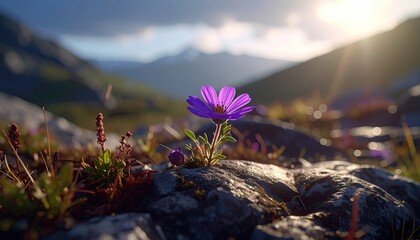 Purple Wildflower Blossom on Rocky Terrain Against Scenic Mountain Landscape at Sunrise