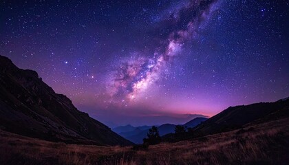 Purple Starry Night Sky over Dark Mountain Valley Landscape with Visible Milky Way and Scattered Stars in a Nightscape Background