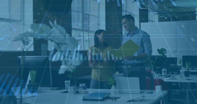 Colleagues holding folder and pulling phone, activating animated finance charts for data review