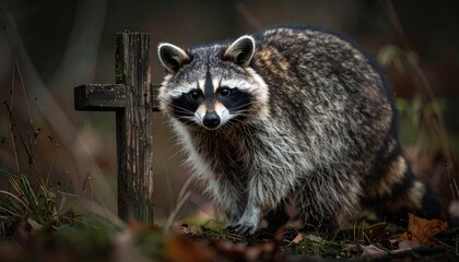 Raccoon near Wooden Cross Graveyard Scene with Autumn Leaves and Moody Lighting