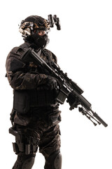 Tactical Operative Dressed in Black Combat Gear Holding Advanced Equipment and Posing Isolated on a White Background