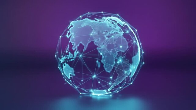Abstract Holographic Globe With a Worldwide Communication Network on a Gradient Blue to Purple Background - Powered by Adobe