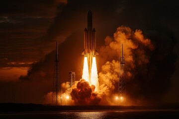 Heavy lift rocket launching at dawn clouds lit orange massive plume and rolling smoke