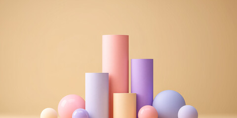 Minimalist 3D pastel composition with vertical cylinders and smooth spheres on beige background. Ideal for modern design, branding, and abstract visual concepts.
