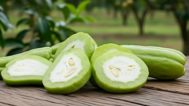 Fresh green chayote squash, whole and sliced in half, displayed on a rustic wooden surface with a garden background.