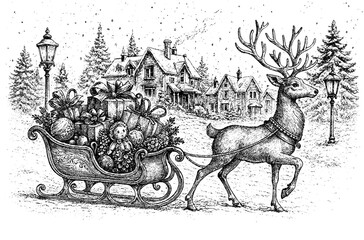 Vintage Reindeer and Sleigh with Christmas Gifts on Victorian Street, Elegant Hand-Drawn Black and White Etching, Retro Engraving Holiday Scene for Premium Packaging and Tags