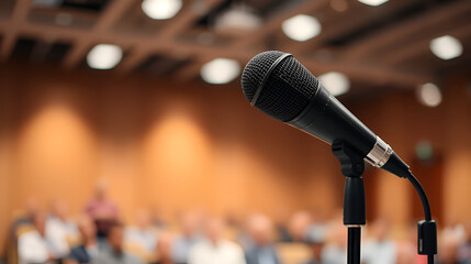 Microphones on abstract blurred of speech in seminar room, speaking conference hall light for presentation in exhibition event Background. Mic is transducer that convert sound into electrical signal.