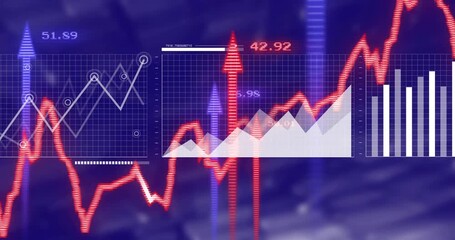 Analytics UI animating red zigzag plotting, arrow rising, overlay markers pulsing, map sliding - Powered by Adobe