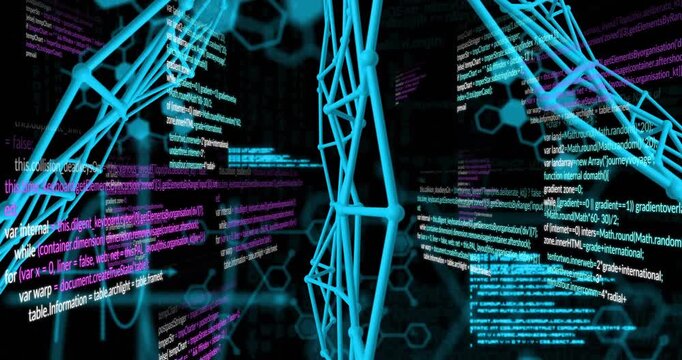 Camera initiating slow orbiting around neon blue lattice while showcasing shifting code panels