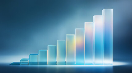 Translucent 3D bar graph with gradient lighting in blue tones, symbolizing growth, progress, and data visualization. Ideal for business, tech, and analytics presentations.
