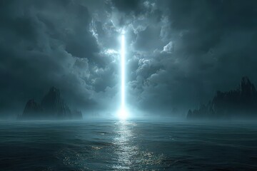 Obraz premium Powerful Light Beam Over Dark Sea and Stormy Clouds