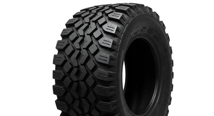 Detailed close up of a black heavy duty all terrain tire on white background