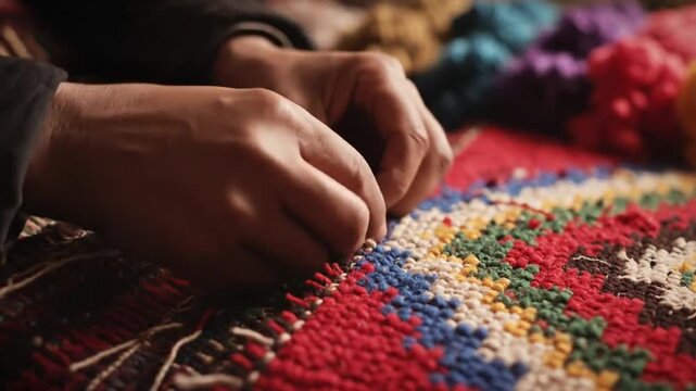 Crafting Tradition: Hands Weaving a Colorful Moroccan Rug with Wool