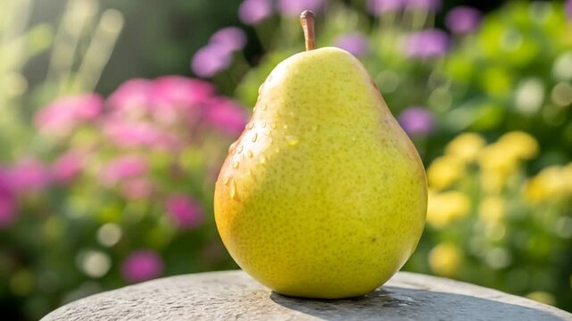 A single fresh, ripe pear with water droplets resting on a stone surface in a sunlit garden with colorful flowers in the background.