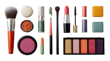 Flatlay of Makeup Items Arranged in Radial Composition on White Background