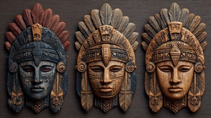 Detailed Wooden Masks in Three Distinct Color Styles and Unique Shapes