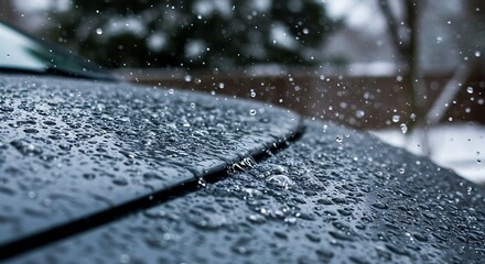 Close up view of a car hood with water droplets during snowfall