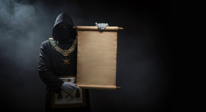 Man in black hooded robe and white gloves holding an ancient scroll. Masonic initiation ceremony or secret society ritual concept with copy space on parchment.