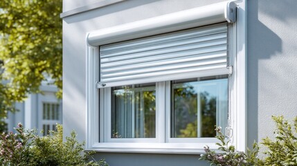 Fototapeta premium Modern White Roller Shutter on Window with Fresh Greenery Background