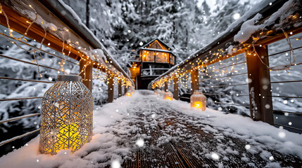 Snow Falling Over Wooden Bridge Lit by Lanterns Loop