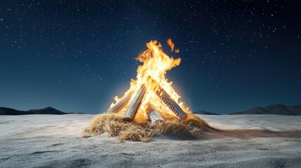 Glowing Bonfire with Vibrant Flames Against Starry Night Sky