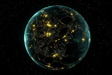 Fototapeta premium Planet Earth at night, illuminated by city lights, seen from space. This image represents global energy consumption and human impact on the environment. 