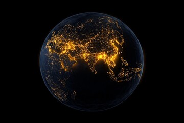 Planet Earth at night, illuminated by city lights, seen from space. This image represents global energy consumption and human impact on the environment. 