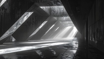 Geometric Architecture with Light Beams in a Concrete Structure Abstract Render