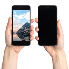 Two hands holding smartphones, one with a landscape photo, the other blank