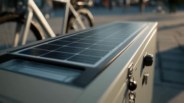 Close up view of a solar panel automatically sliding into place on top of a modern battery pack, with a bicycle and a bustling city street blurred in the background on a sunny day