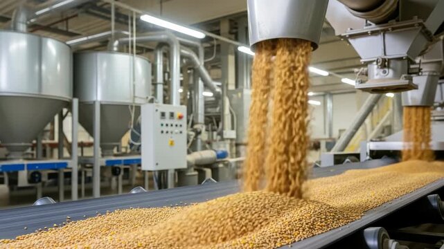 Golden granular material pours from multiple chutes onto moving conveyor belt in busy industrial processing facility Large metal silos pipes and control panels are visible in the bright background