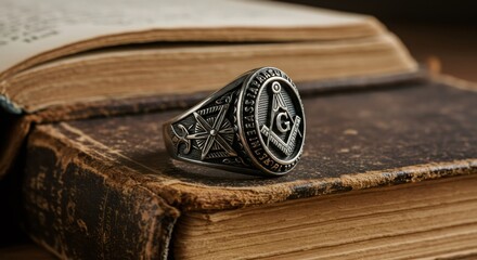 Silver masonic ring with symbol of square and compass on old book. Secret society and freemasonry concept. Ancient knowledge and organization.