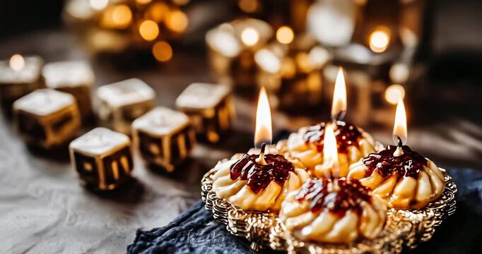 Hanukkah Gelt and Dreidels on Blue Velvet with Golden Lights