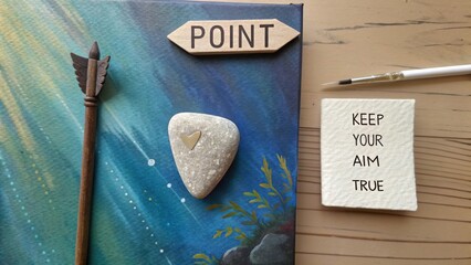 Stone arrowhead on canvas with wooden Point sign