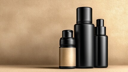 Black Bottles and Containers on Smooth Beige Background for Product Display