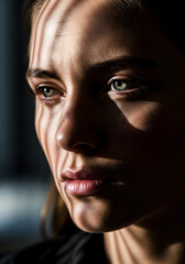 Obraz premium Dramatic Close-up of a Woman's Face with Window Shadows