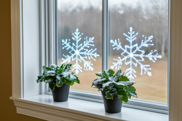 Fototapeta premium Snowflake window decals, potted green plants with artificial snow, winter home decor, cozy and festive atmosphere