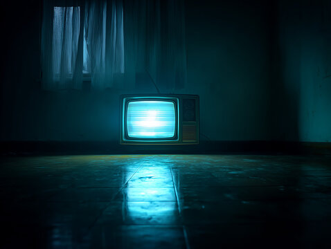 Vintage television glowing in dark room with eerie blue light
