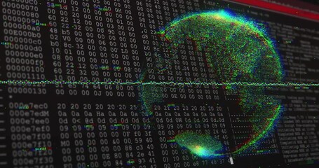 Starting with dark screen showing arcing data stream, points forming rotating globe showing data - Powered by Adobe