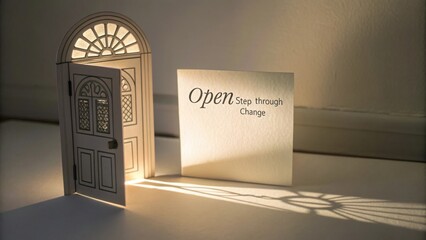 A paper door silhouette labeled Open with gentle light