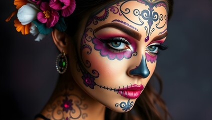 Beautiful Woman with Vibrant Calavera Sugar Skull Makeup for Day of the Dead