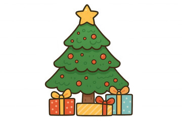 Decorated christmas tree with star topper and festive gifts preparing for holiday celebration, transparent background
