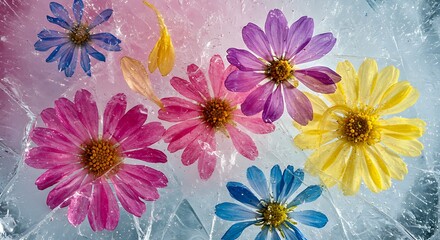 Colorful flowers frozen in ice