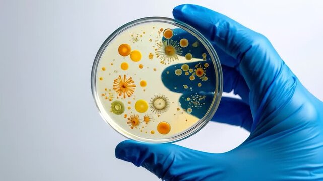 A gloved hand holds a petri dish showing diverse, colorful microbial colonies against a light background