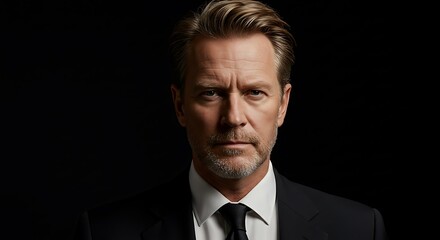 Portrait of a serious-looking middle-aged man in a suit against a dark background.