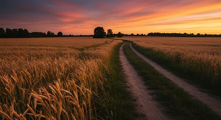 Sunset over a wheat field with a winding dirt road leading into the distance.