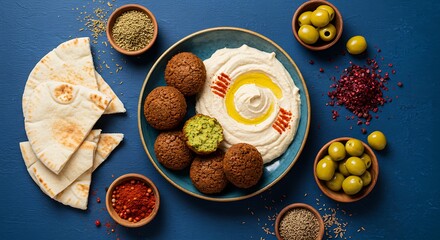 Delicious Middle Eastern meal featuring falafel, hummus, and pita bread.